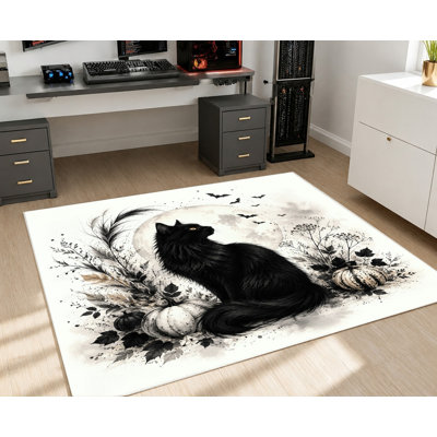 Tapis d'Halloween chat noir lune, style sorcière gothique, design artistique, surface en velours, tapis antidérapant, décoration intérieure pour salon, chambre à coucher, appartement, cuisine, entrée, balcon
