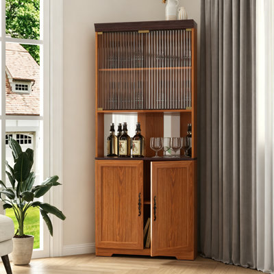 Armoire de rangement autoportante de 70,86 po (180 cm) de hauteur, armoire à vin 5 niveaux avec portes en verre trempé, dossier en miroir, tablettes réglables pour la cuisine du salon, vitrine moderne en bois