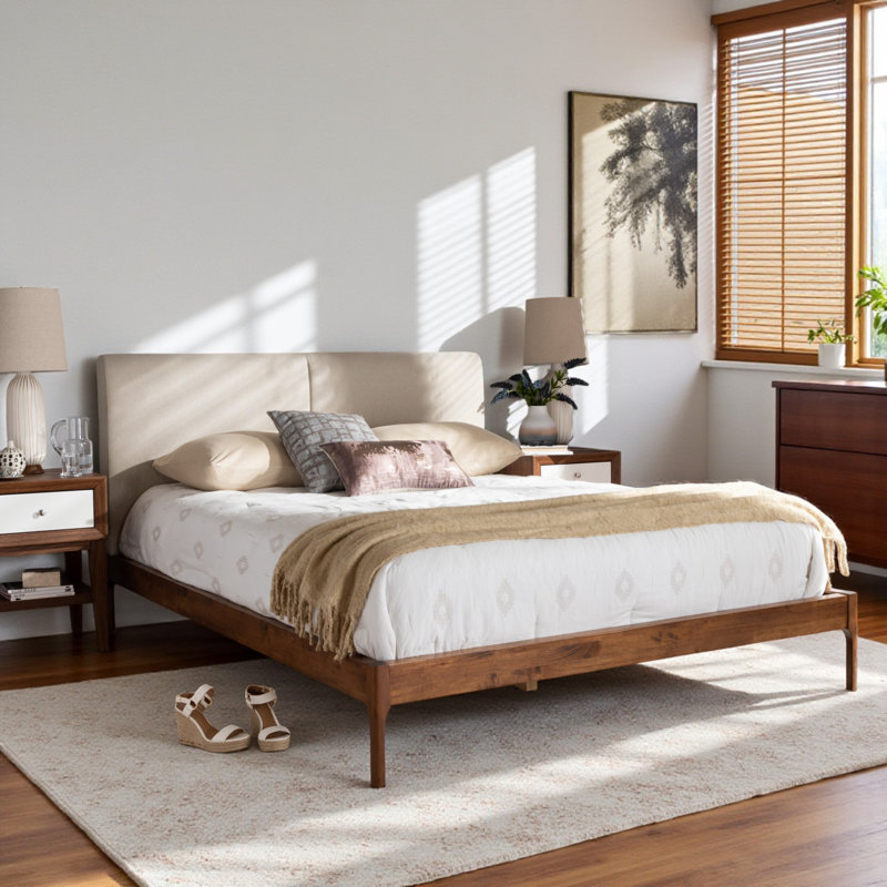 Lit plateforme tapissier à profil bas Kiera, Beige, Grand