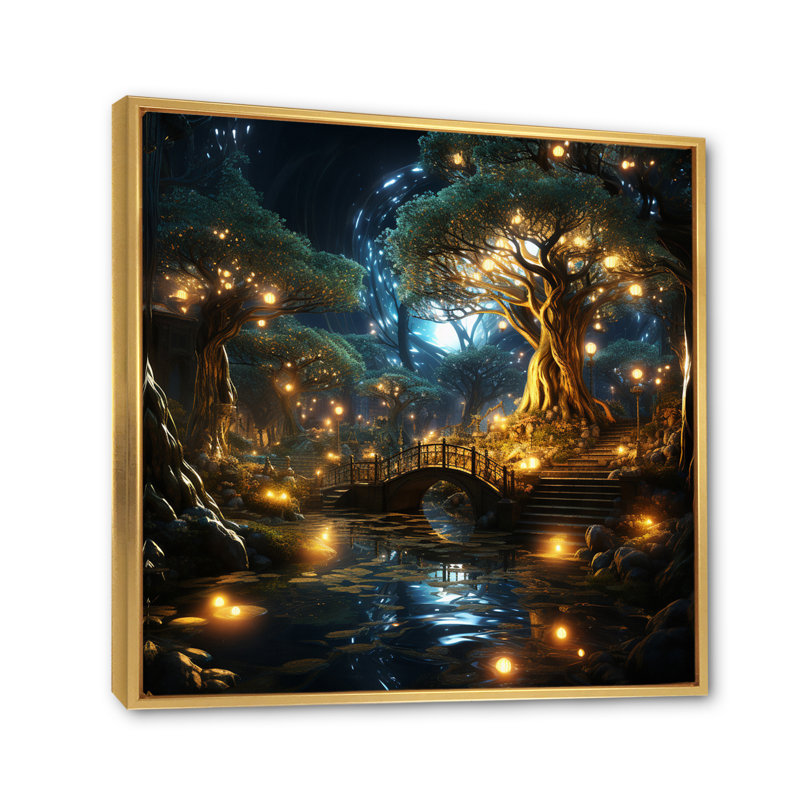 «Gold Teal», fractale abstraite, oasis enchantée sur toile, 36" H x 36" W, Cadre flottant doré