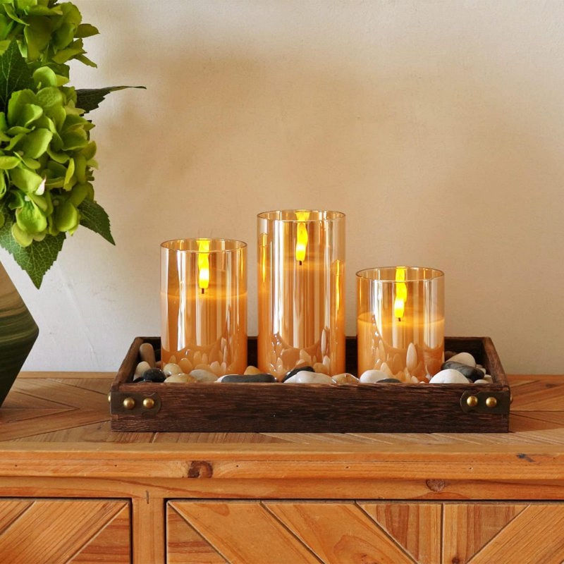 Gold Glass Flameless Candles Flickering, Battery Operated LED Pillar Candles with Remote Control and Timer, Fake Electric Candles, Real Wax, 3D Wick, D3 xH4 5" 6", Set of 3