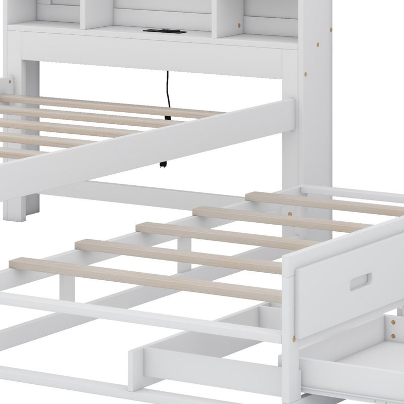 Lit plateforme avec tête de lit, USB, lit gigogne et 3 tiroirs, Lit simple, Blanc