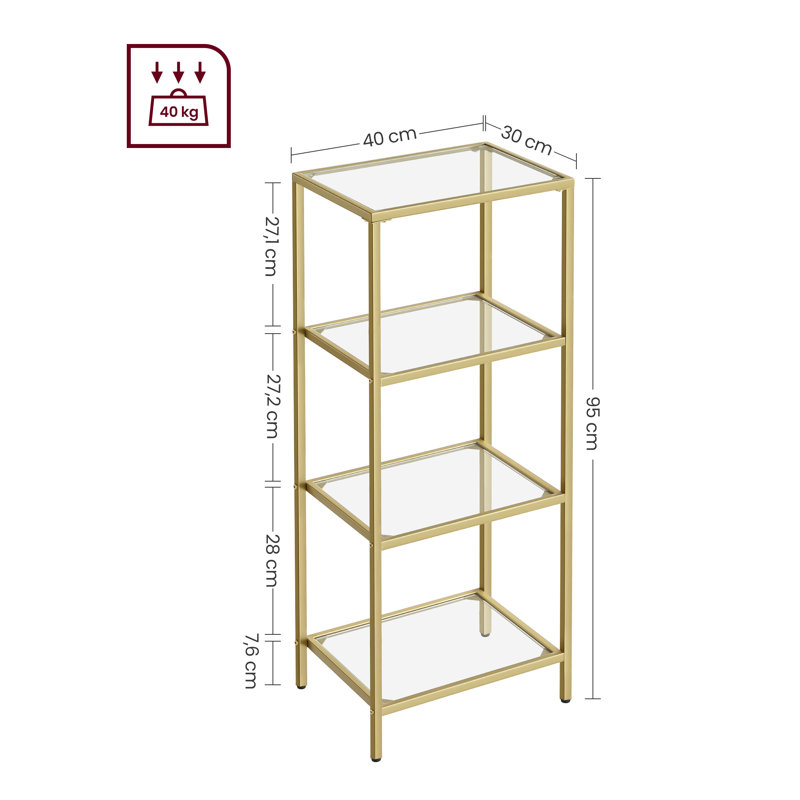 Abrihet 40cm W Steel Bookcase, Metallic Gold/Clear