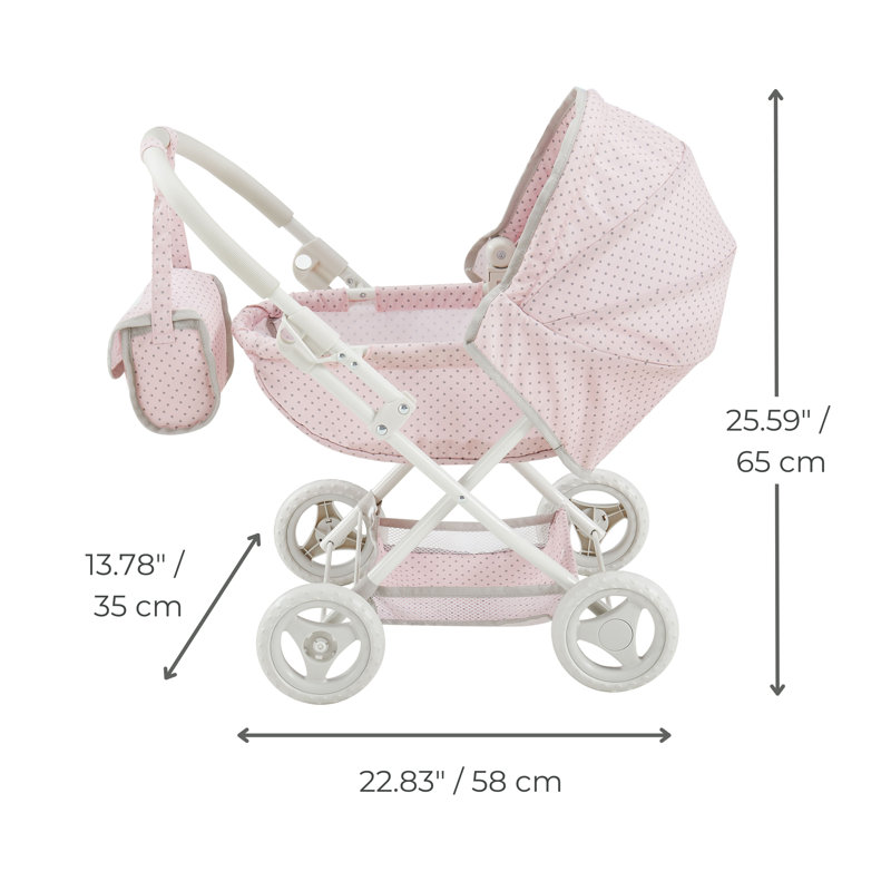 Pink and Gray Polka Dot Baby Doll Pram Stroller with Retractable Canopy