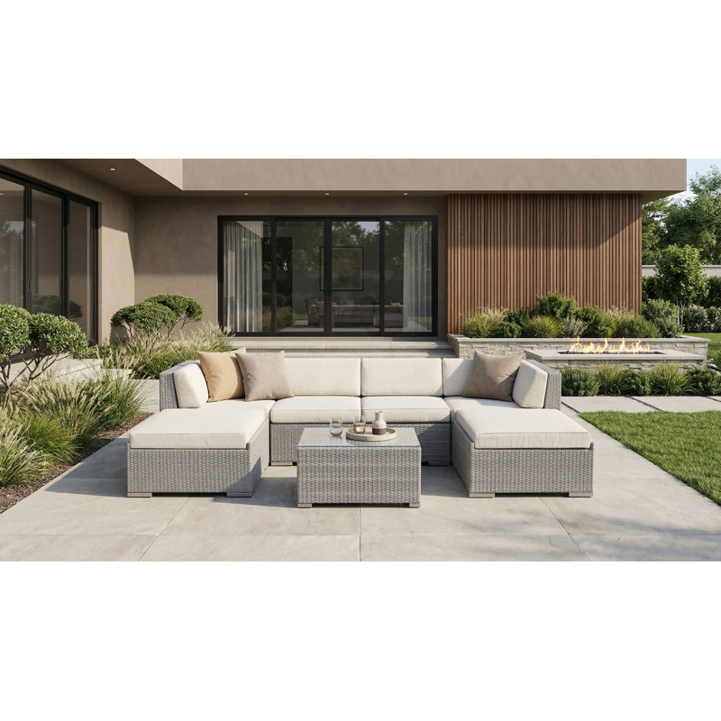 Billyjo Wicker 4 - Person Seating Group with Cushions - No Assembly, Canvas Natural Sunbrella® Canvas, Gray