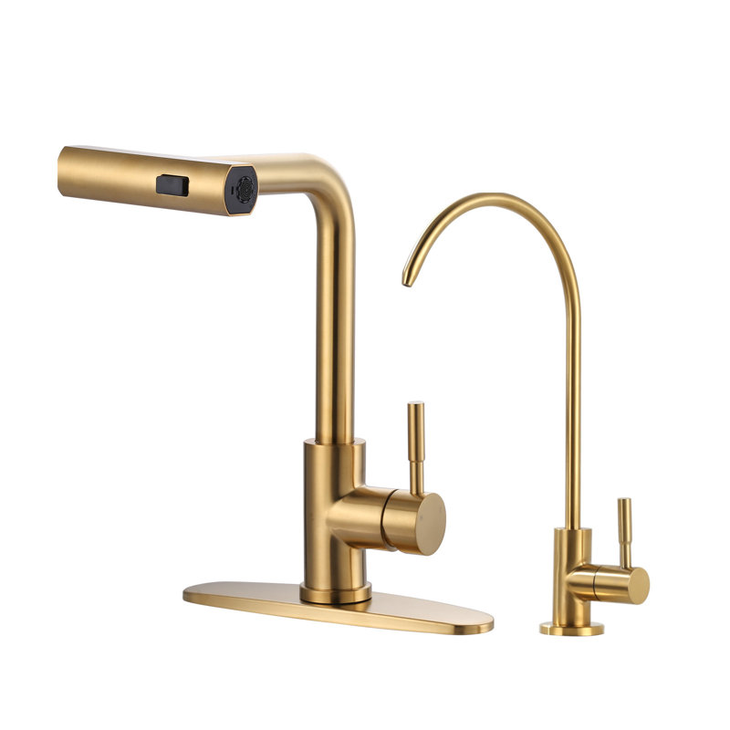 15.7 In Single Handle 360 Degree Spout Swivel Pull Out Sprayer Kitchen Faucet With Water Filter In Gold, Gold