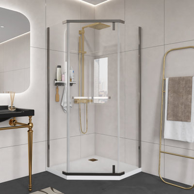 Chrome Finish 34.75 In. X 72 In.Frameless Neo-Angle Pivot Shower Door,With 1/4 Inch Thick Tempered Glass