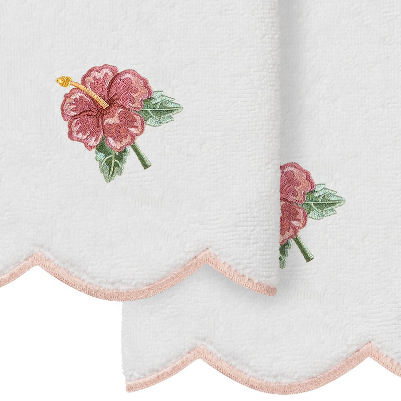 Ensemble de serviettes 100% coton turc MAUI festonné 2 pièces, Blanc / Rose, Serviettes pour les doigts - Paquet de 2