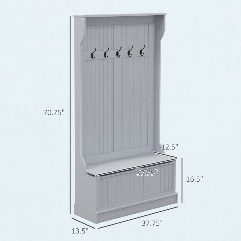 38" 3-in-1 Hall Tree with Storage Bench, Coat Rack & Shoe Storage, Gray, Gray