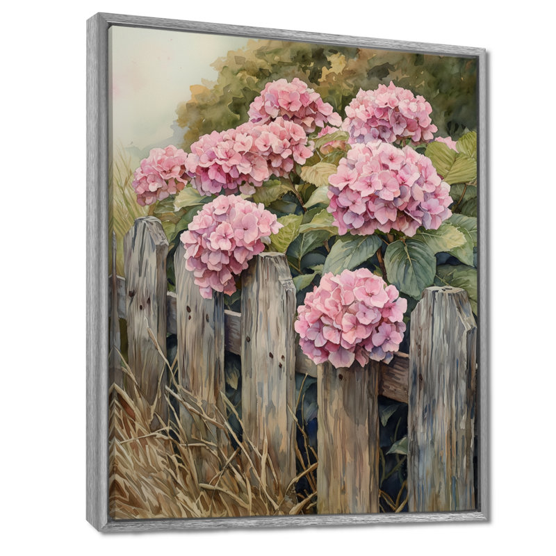 «Ebersole Farm Hydrangeas By The Fence II», art mural hortensias, Argent argent, Reproduction avec cadre flottant