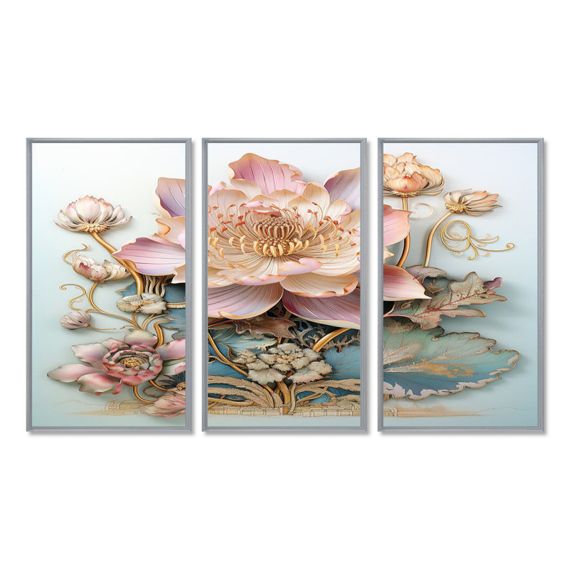 Kean - lot de lotus d'art mural, Encadrement argenté, H 40 po x l 60 po x P 1 po