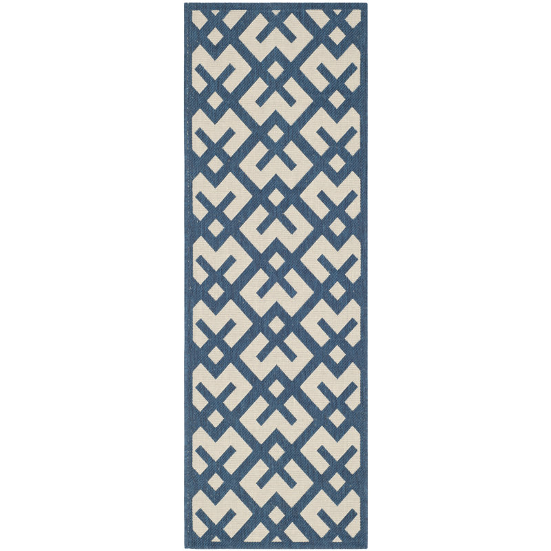 Arneshia Geometric Navy/Beige Indoor/Outdoor Area Rug, Runner 2'3" x 6'7"
