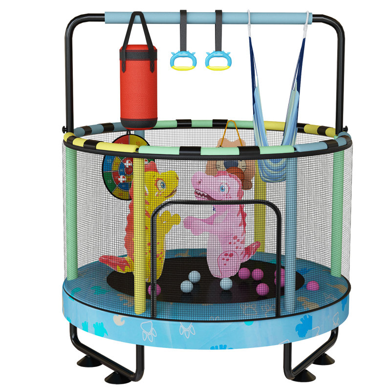 Trampoline rond 55 po 7-en-1 pour enfants avec filet de sécurité, trampoline intérieur et extérieur pour tout-petit avec barre de gymnastique réglable et jouets pour garçons et filles