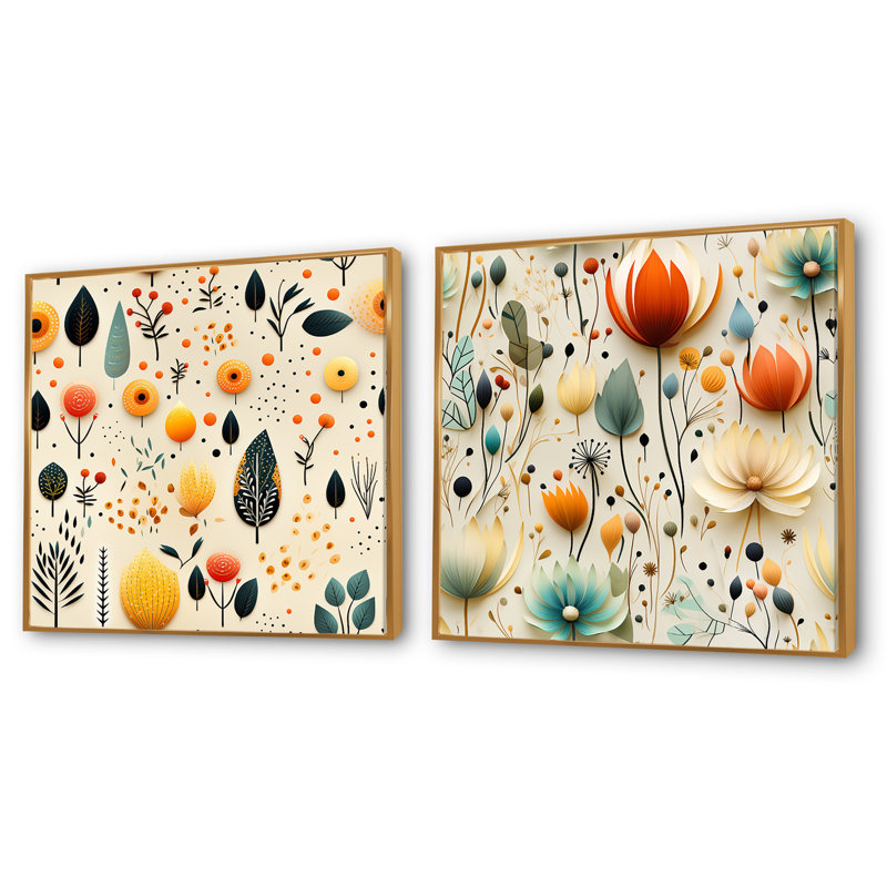 Hinojos - Ensemble de 2 collages carrés botaniques abstraits, Cadre flottant doré, H 36 po x l 73 po