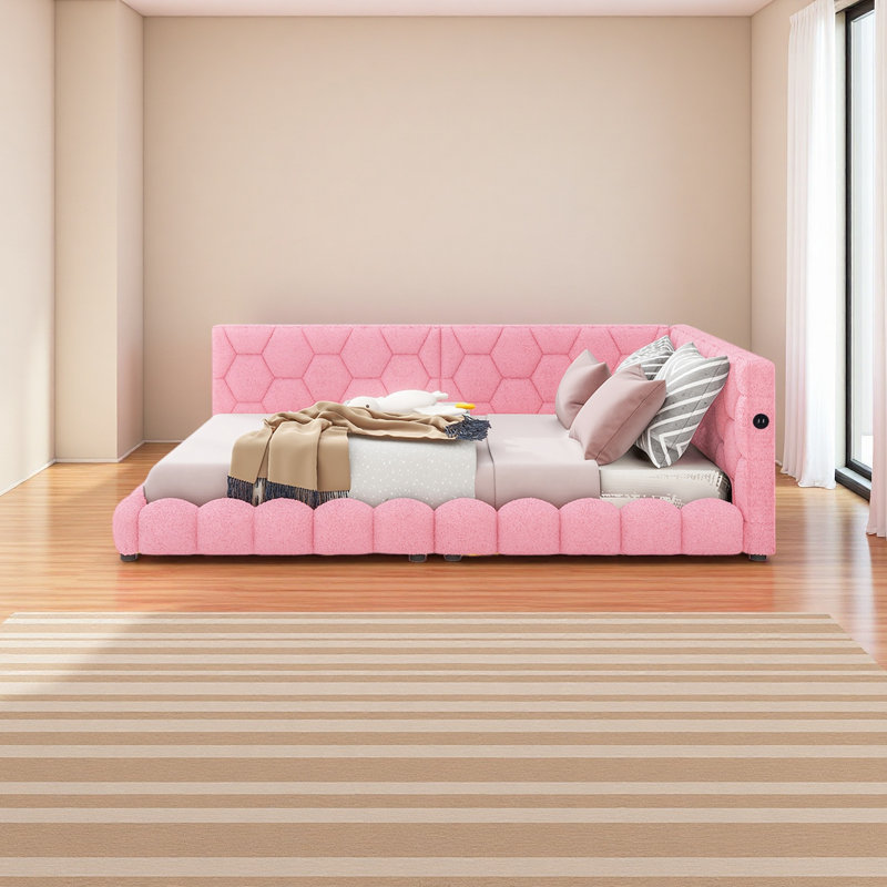 Lit plateforme tapissier pleine grandeur avec ports USB et ceinture à DEL, Rose
