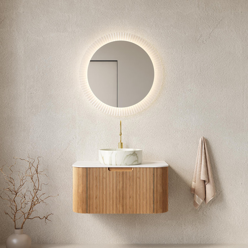 Meuble-lavabo flottant à bord arrondi pré-assemblé, Blanc pierre, 30