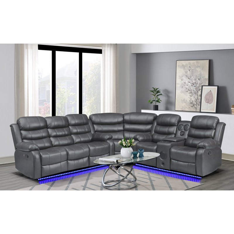 Bracyn 3 - Piece USB Vegan Leather Reclining Sectional with Sound System, Gray Faux Leather