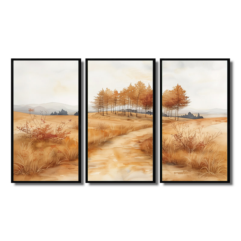 Ensemble de salon art mural brun et gris «Autumn Meadows In Canada II», Toile avec cadre flottant noir