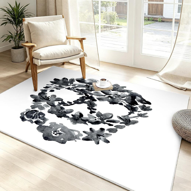 Black Watercolor Skull Flowers Flower White Halloween Floral Machine Washable Indoor Area Rug, Rectangle 39" x 63"