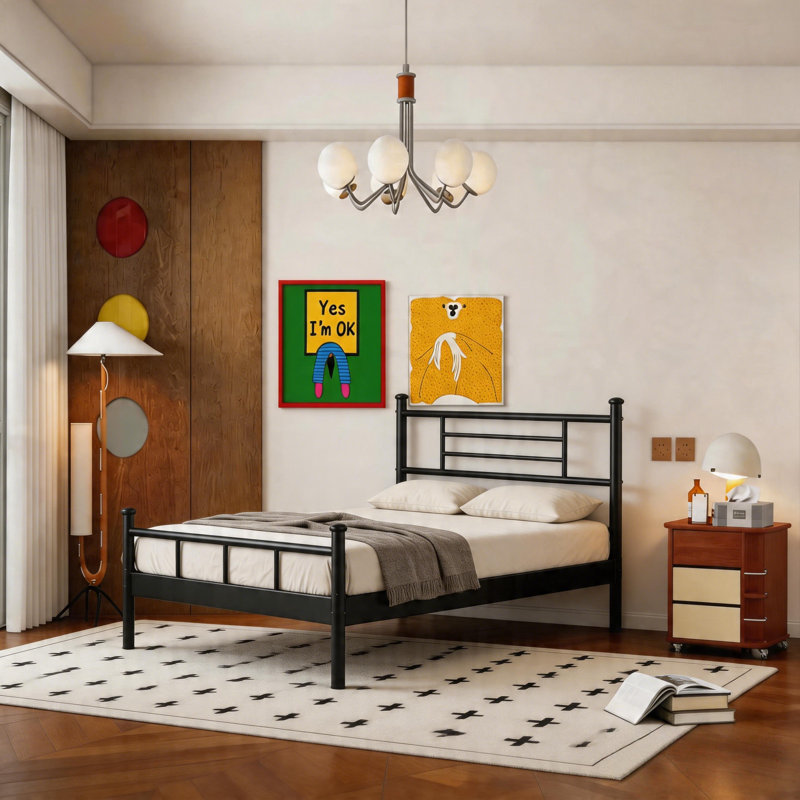 18''Twin Bed Frame With Headboard, Metal Platform Bed Frame, Noise-Free & No Box Spring Needed, For Bedroom., Twin