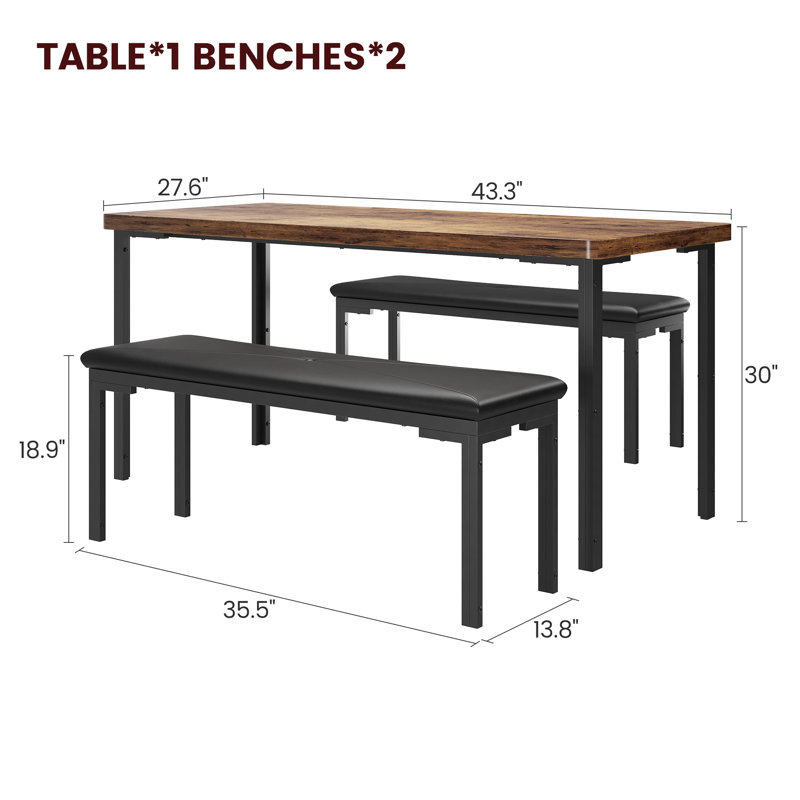 Ensemble de table de salle à manger 3 pièces pour 4 personnes Vintage - Table en bois rustique avec 2 bancs rembourrés - Ensemble de salle à manger compacte compacte - Structure en métal robuste - Sièges confortables - Couleur rétro