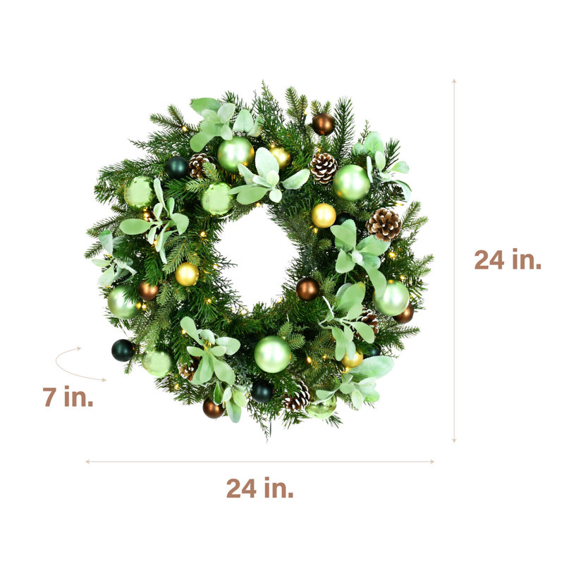 24-Inch Green and Brown Artificial Christmas Wreath with Pinecones and LED Lights