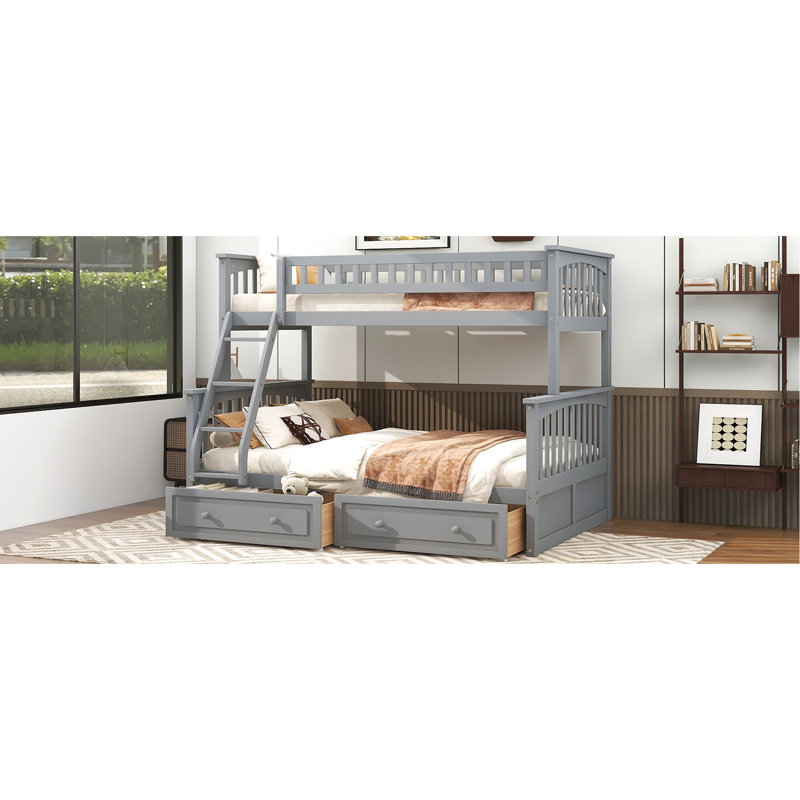 Gray Convertible Twin Over Full Bed With Drawers, Bunk Format, Pine Wood And , Frame For Longevity, Guardrails Safe Slumber, Simple To Up Mission Durability, Project