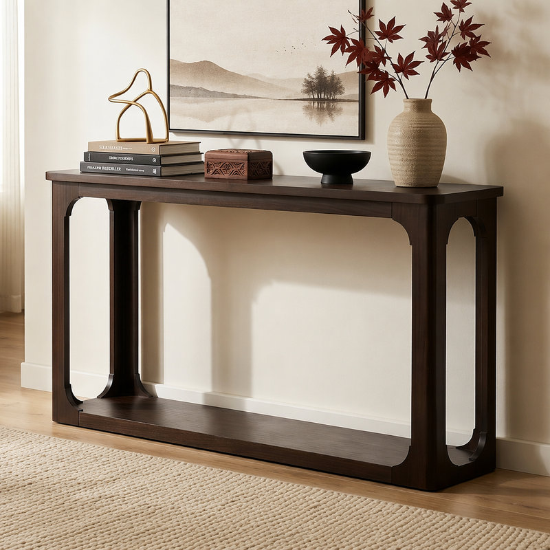 Console minimaliste de 55 po avec découpes à arche ouverte, coins arrondis, pieds en bois massif, placage de bois, tablette inférieure robuste, table d'entrée avec canapé pour le couloir du salon