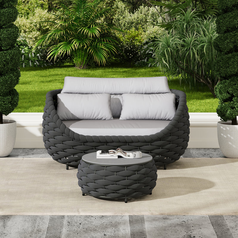 Outdoor Patio Hand-woven Rope Powder-Coated Aluminum Sofa With Coffee Table 2-Piece Set, Dark Gray, Light Gray