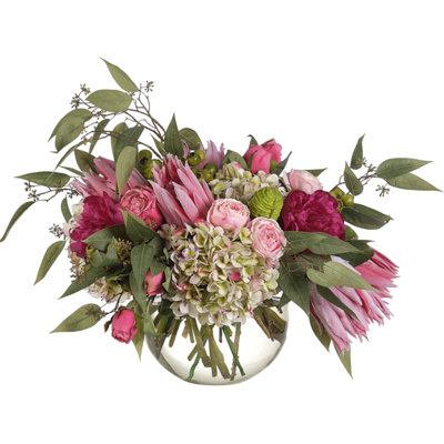 Protea Hydr, Pink White, Glass Bubble, 27wx22dx19h