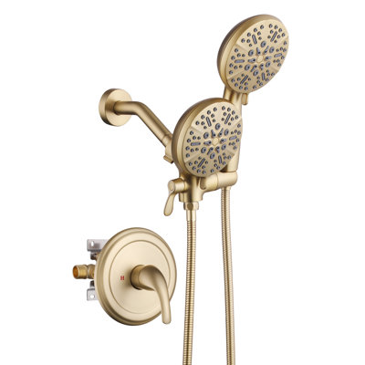 WESHI Brushed Gold 3-Way Dual Showerhead System, Pressure Balanced Anti-Scald Solid Brass Valve Body, 6-Spray Fixed Rain Head & 8-Spray Handheld Sprayer, High Pressure Complete Shower Fixture Set