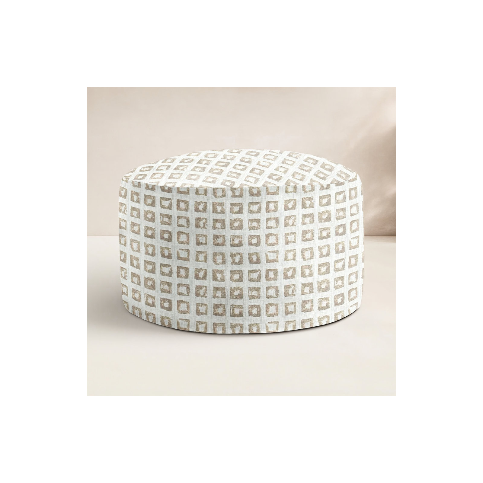 Round Upholstered Outdoor Ottoman with Cushion, Tan