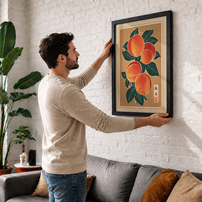 Peaches and Foliage Japandi - Framed Print, A1 - 84.1 x 59.4 cm, Unframed