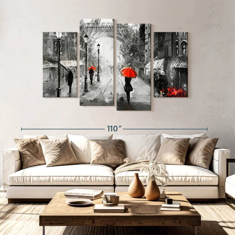 Paris, jour de pluie, 4 pièces, H 54 po x l 84 po x P 1,25 po
