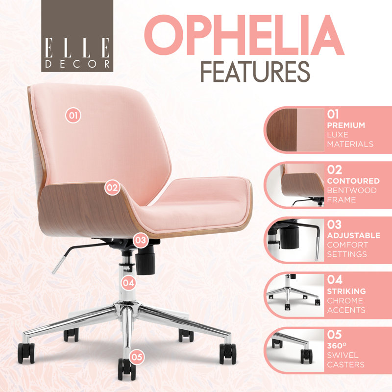 Chaise de bureau Elle Decor Ophelia, dossier et siège courbés courbés, base pivotante chromée, tissu, Rose