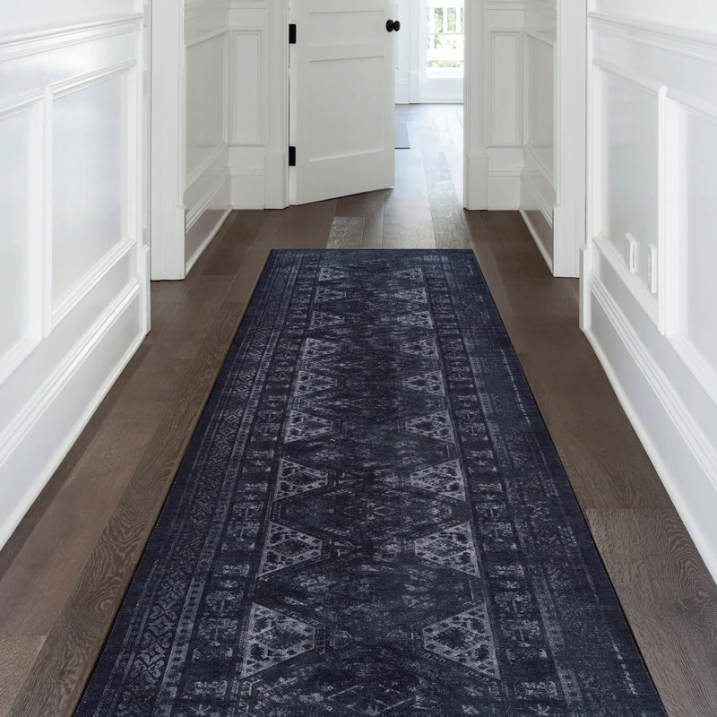 Low-Pile Area Rug For Living Room - Machine Washable, Non-Slip, Non-Shedding, Pet & Safe  Black + Gray, 2'6'' X 10' Low-Pile,
