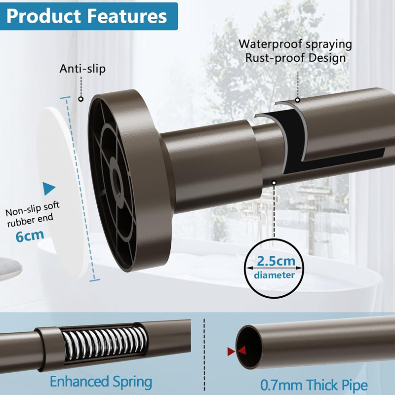 48cm Straight Tension Shower Curtain Rod & Hook Set, Bronze