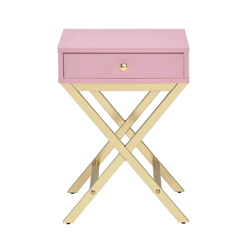 Rectangular Side Table With One Drawer, Pink, Gold