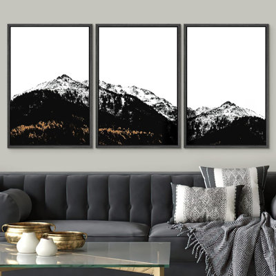 Nature paysage noir et blanc au sommet d'une montagne, photo, nature sauvage, illustrations abstraites encadrées sur toile, 3 pièces