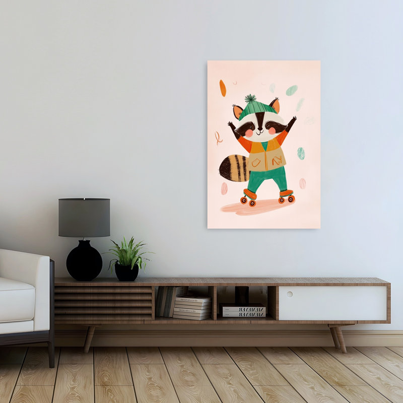 Happy Raccoon Roller Skater Playful Contemporary Animal Forest Wall Art Print by Mathieu - Wrapped Canvas Print