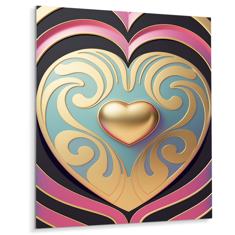 Décoration murale brillante contemporaine en forme de cœur doré, H 20 po x l 12 po x P 1 po