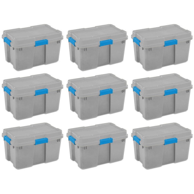 Boîte de rangement en plastique 30 gallons avec couvercle Sterilite, gris / bleu