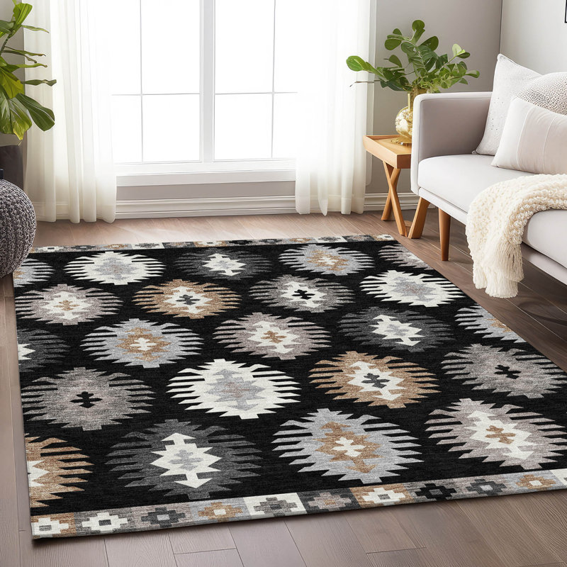 Premium Machine Washable Prisco Black Rug, Rectangle 2'6" x 3'10"