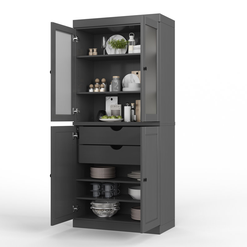 Garde-manger 100% bois massif 32 po avec verre givré, portes solides, 2 tiroirs et tablettes réglables, Gris