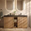 Meuble-lavabo double autoportant de 60 po Adria avec lavabo à quartz noir intégré, armoire en bois cannelé, rangement à fermeture en douceur, brun noyer / fumé / chêne clair-1369264732