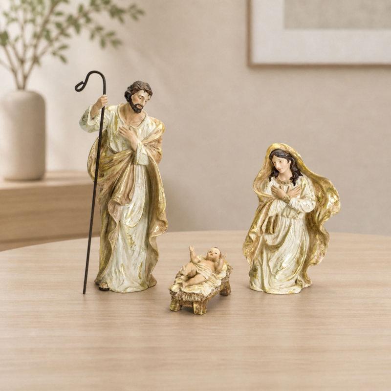 Ensemble de 3 pièces en résine Sainte Famille, Beige, H 18,5 po x l 5,75 po x P 8,25 po