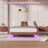 Walnut Queen Floating Bed Frame with LED Lights, Wave Curve Wood Texture and Heavy Duty Metal Slats - No Box Spring Needed-116322250-116322251