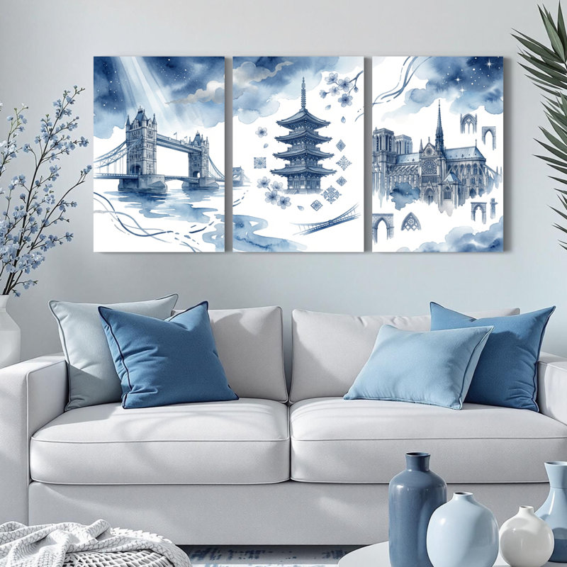 Ensemble de 3 tableaux sur toile représentant des monuments du monde en bleu et blanc, pour la décoration du salon, de la chambre et de la maison.