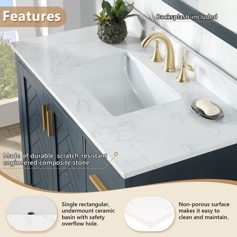 Ceres 43" Grain White Engineered Stone Vanity Top with Sink