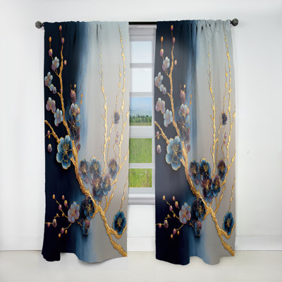 Blue Cherry Blossom Branch II - Modern Velvet Curtain - Room Darkening - 1 panel